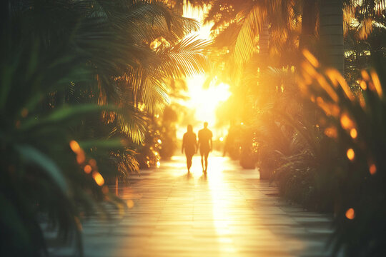 A couple walking hand in hand through a tropical pathway at sunset, surrounded by lush palm trees. The warm golden light creates a romantic and serene atmosphere.
