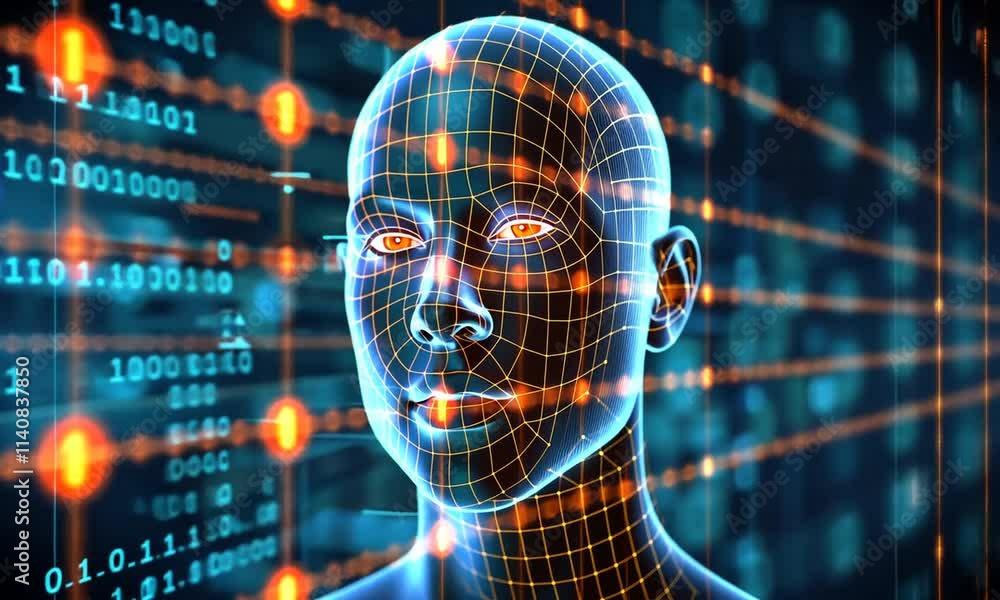 Poster digital head turning face glowing in cyberspace divided in sections with information and global data