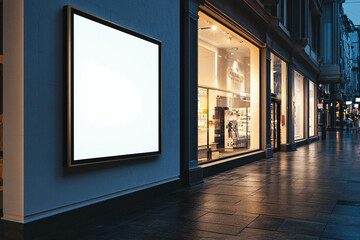 A blank advertising billboard on a city street at night, with a shop window illuminated in the background. The pavement is wet, reflecting the lights, creating a calm urban atmosphere.