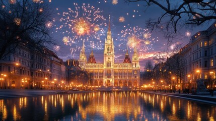 Fototapeta premium Vienna City Hall with fireworks in the background