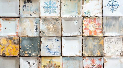 A clean, high-resolution image of hand-painted ceramic tiles with a white background.--ar 16:9