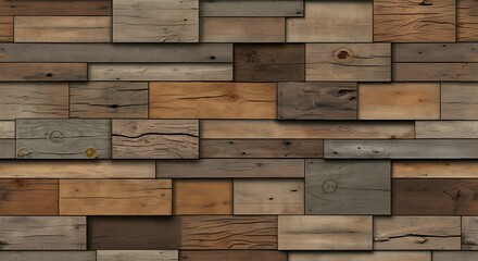 A rustic 3D wallpaper of stacked wooden planks with varying textures and shades.