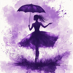 Silhouette illustrations of a graceful ballerina holding an umbrella, featuring elegant poses with textured watercolor backgrounds, emphasizing dance, movement, and creativity
