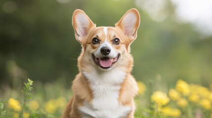 Playful corgi dog in blooming meadow high-resolution textures nature outdoor close-up pet