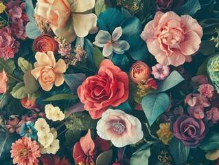 Artificial Flowers Wall for Background in vintage style 