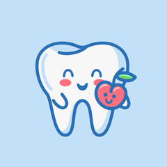 Adorable character, tooth with apple. The concept of the connection between proper nutrition and dental health. kawaii style. Ideal for medical brochure templates.