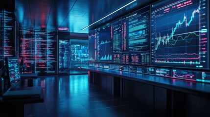 Fototapeta premium High-Tech Control Center with Data Visualization and Code Display: A Glimpse into the Future of Monitoring and Analysis
