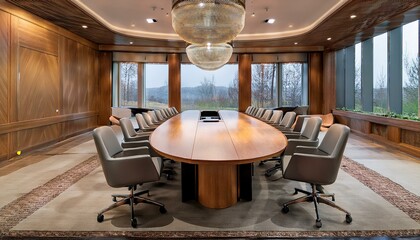 A large oval wooden conference table with high-gloss finish, surrounded by evenly spaced gre 