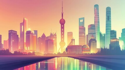 Obraz premium Retro classic print advertising featuring shanghai skyline urban landscape digital artwork vibrant colors aerial perspective