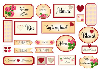 Labels for Valentines gift decorating, stickers for sketchbooks and more. Romantic labels in vector. EPS10