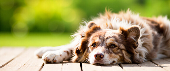Australian shepherd resting on deck, copy space