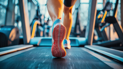Dynamic Close-Up of Runner's Footwear on Treadmill, Indoor Fitness Environment, Focus on Athletic Performance, Exercise, and Healthy Lifestyle Emphasis