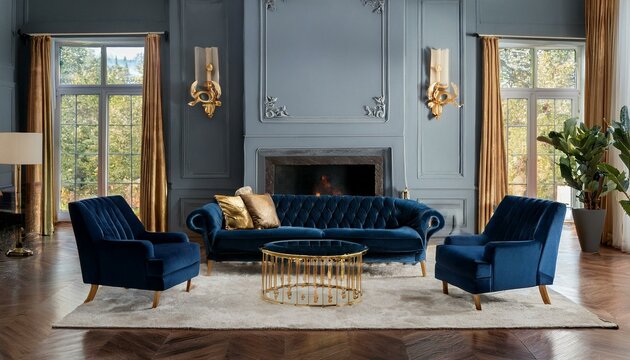 A navy velvet sofa with gold-accented armchairs, a glass coffee table on a herringbone parqu