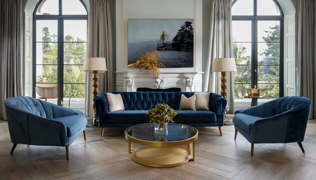 A navy velvet sofa with gold-accented armchairs, a glass coffee table on a herringbone parqu