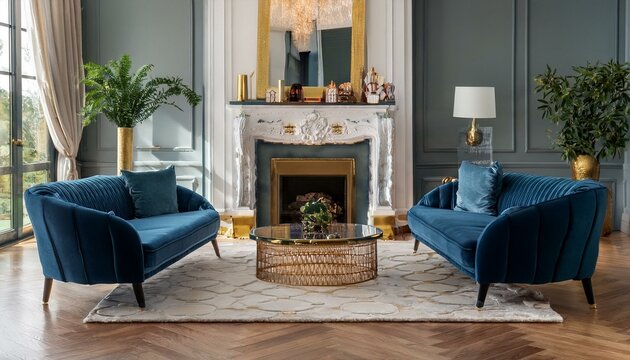 A navy velvet sofa with gold-accented armchairs, a glass coffee table on a herringbone parqu