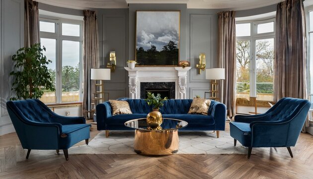  A navy velvet sofa with gold-accented armchairs, a glass coffee table on a herringbone parqu