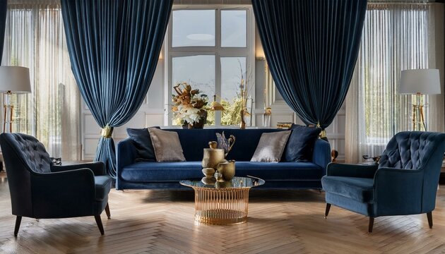  A navy velvet sofa with gold-accented armchairs, a glass coffee table on a herringbone parqu