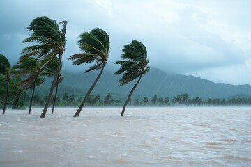Typhoons bring floods and severe weather. Stormy landscape with bending trees and floodwa...