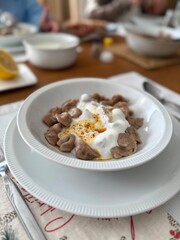 manti turkish ravioli with yogurt or yoghurt