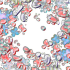 An abstract transparent psychedelic wavy splatter vignette design element overlay.