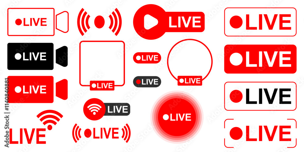 Poster live broadcasting button live streaming red icon set online video live show interface live stream lo