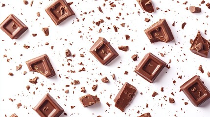 Pieces of milk chocolate bar falling on a white background, creating an explosion of cocoa crumbs and shavings. Top view flat lay with a dynamic pattern.
