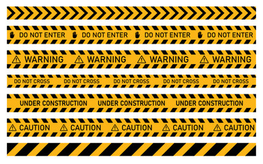 Warning, Do not cross, Caution, Under construction barrier tape collection sign for web site road working security attention black text on transparent background