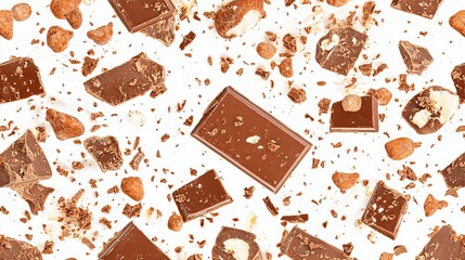 Pieces of milk chocolate bar falling on a white background, creating an explosion of cocoa crumbs and shavings. Top view flat lay with a dynamic pattern.
