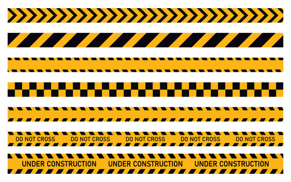 Yellow caution warning barrier tape sign for web site road warning working under construction security attention black text on transparent background