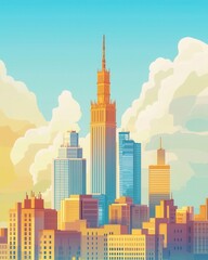 Obraz premium Retro classic print advertising of warsaw's skyline cityscape digital art vibrant colors aerial view urban concept