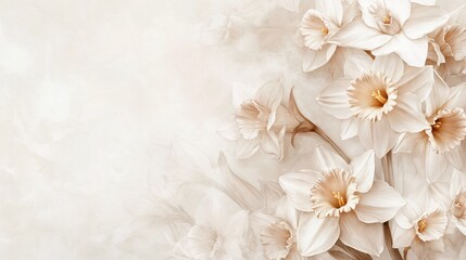 Beige and white daffodils with vintage style on textured background