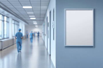 Blank white poster frame on the wall of an hospital interior, doctors and nurses in motion blur walk, window light from outside.