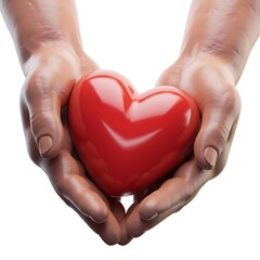 Fototapeta premium 3D Render of Human Hands Gently Holding a Glossy Red Heart with Reflective Surface, Isolated on White Background