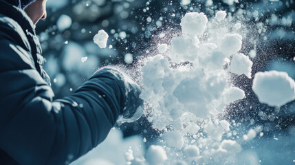 the moment when someone throws artificial snow or snowballs into the air, freezing the moment of their descent.