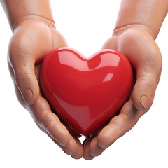 Fototapeta premium 3D Render of Human Hands Gently Holding a Glossy Red Heart with Reflective Surface, Isolated on White Background