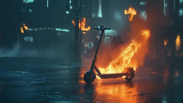 An electric scooter caught fire in the street, causing a blaze to break out.