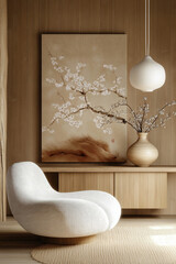 Minimalistic Japandi living room in earthy colors