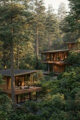 Wooden cabins nestled in lush, green forest.
