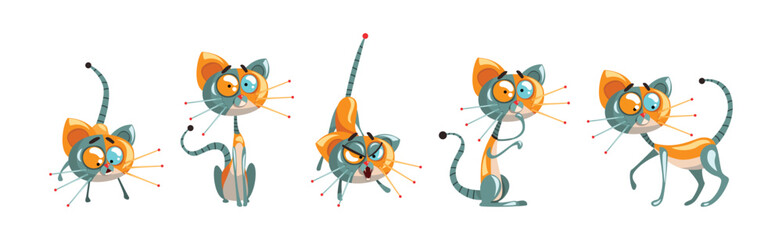 Cyborg Cat Artificial Intelligence and Mechanical Personage Vector Set