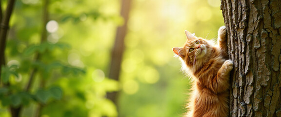 Curious ginger cat climbing tree with text space