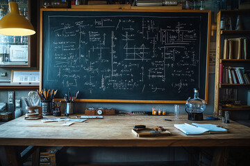 School background with physics formulas. Back to school. Exact science for banner or website design. School blackboard with written scientific formulas