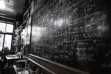 Wide black blackboard inscribed with scientific formulas and calculations in physics, math, chemistry and electrical circuits. Science and education