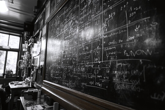 Wide black blackboard inscribed with scientific formulas and calculations in physics, math, chemistry and electrical circuits. Science and education