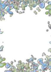 An abstract transparent psychedelic wavy splatter vignette design element overlay.