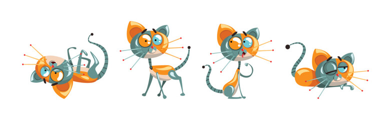 Cyborg Cat Artificial Intelligence and Mechanical Personage Vector Set