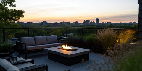 Fototapeta premium Cozy rooftop terrace featuring a fire pit with seating, overlooking a city skyline at sunset, offering relaxation.