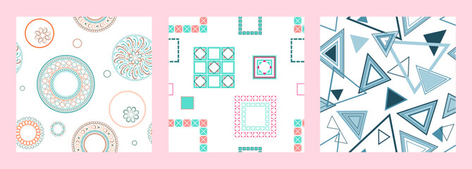 Seamless pattern of geometric shapes. Bright seamless pattern. Set of 3 patterns. Design for fabric, wallpaper, wrapping paper. Vector