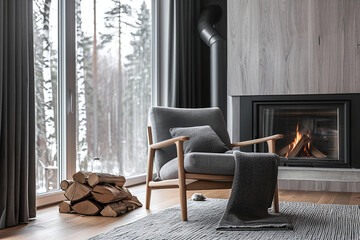 Fototapeta premium Cozy living room interior with comfortable grey armchair with blanket and modern fireplace