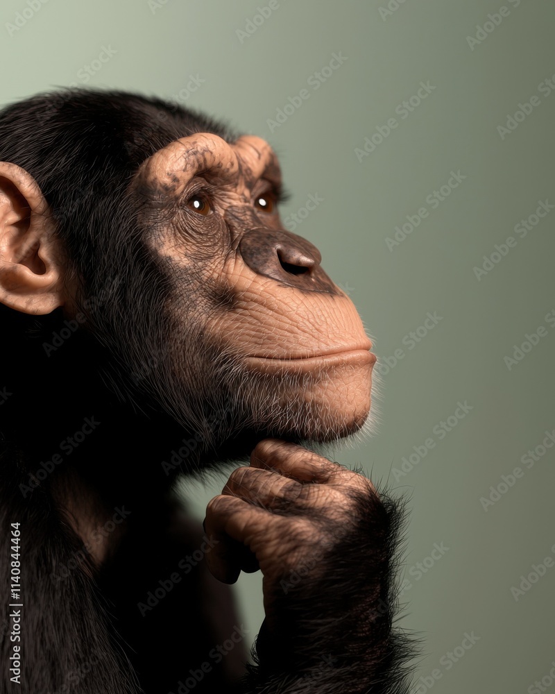 Poster thoughtful monkey portrait in minimalist studio setting high-resolution textures moody atmosphere