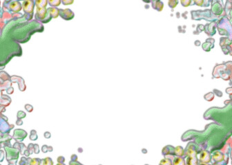 An abstract transparent psychedelic wavy splatter vignette design element overlay.